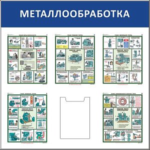 Стенд Металлообработка 5 плакатов А3, 1 кармана А4 (1100х1100; Пластик ПВХ 4 мм, алюминиевый профиль; )